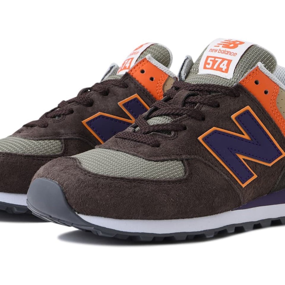New Balance 574 Chocolate with Orange and Purple Accents